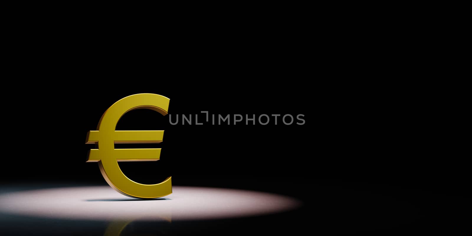 Golden Euro Currency Symbol Shape Spotlighted on Black Background with Copy Space 3D Illustration