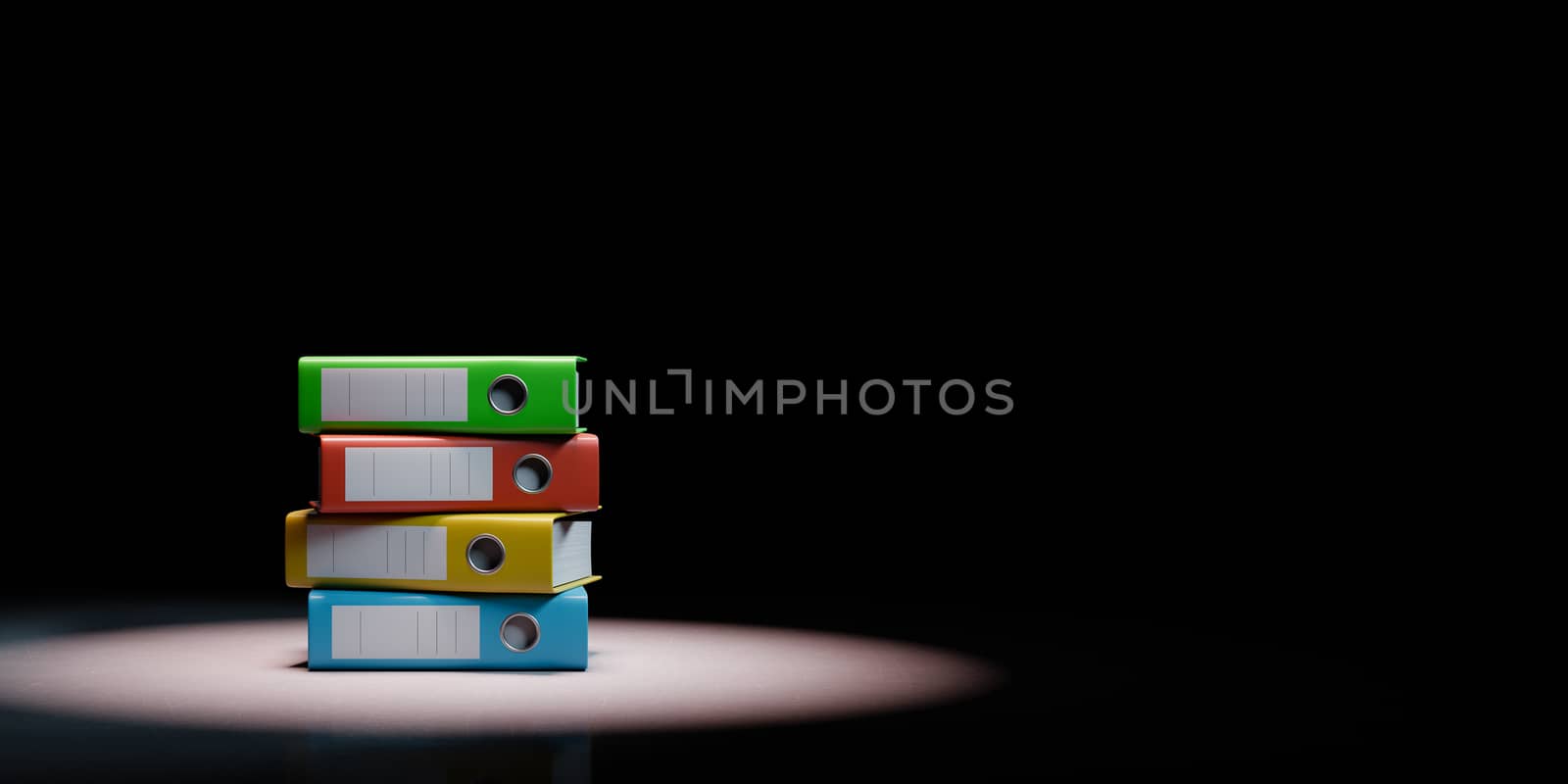 Heap of Colorful Binders Spotlighted on Black Background with Copy Space 3D Illustration