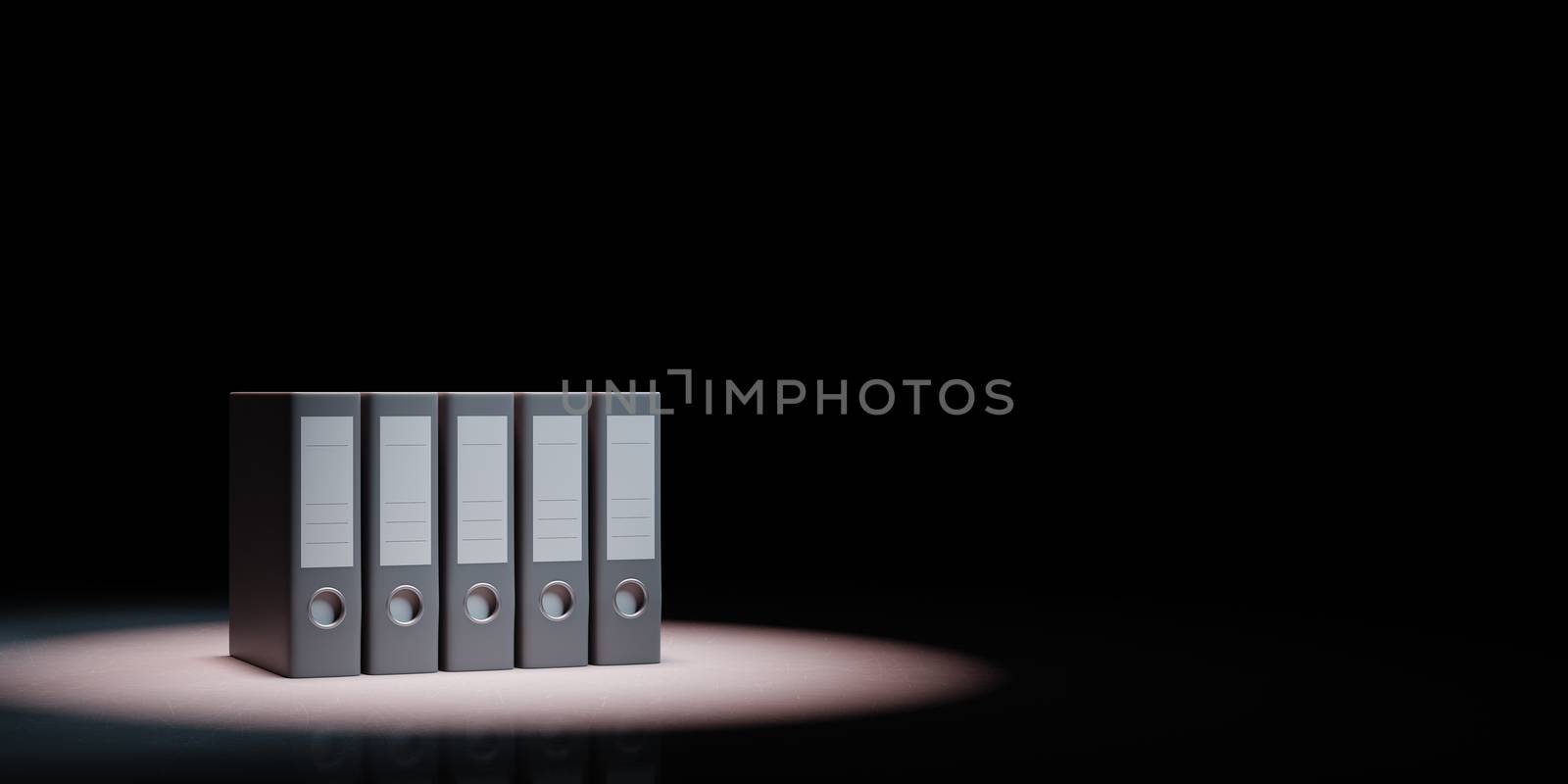 Set of Binders Spotlighted on Black Background with Copy Space 3D Illustration