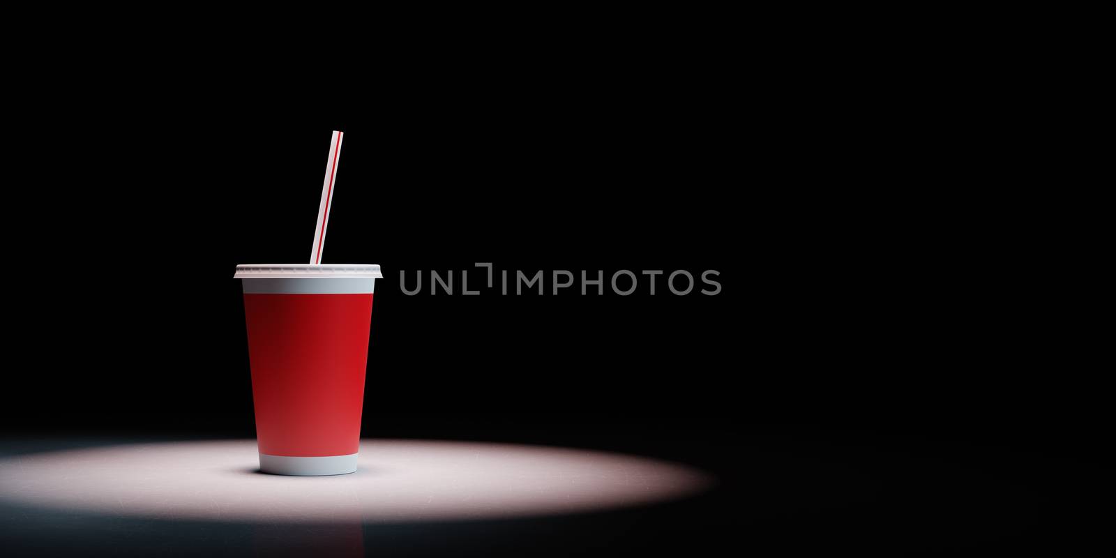 One Single Red Fast Food Drinking Cup with Straw Spotlighted on Black Background with Copy Space 3D Illustration