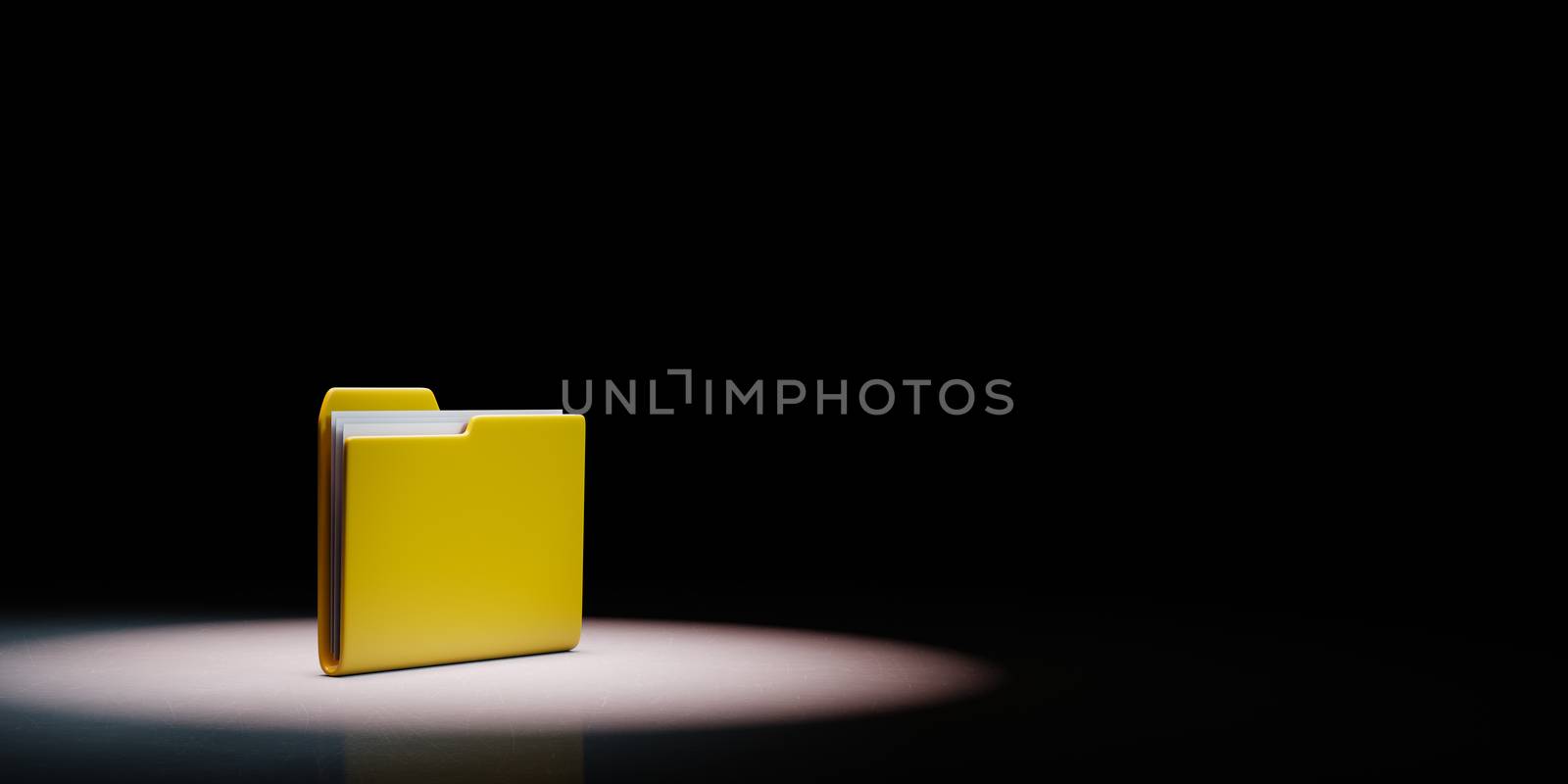 Single Yellow Document Folder Spotlighted on Black Background with Copy Space 3D Illustration