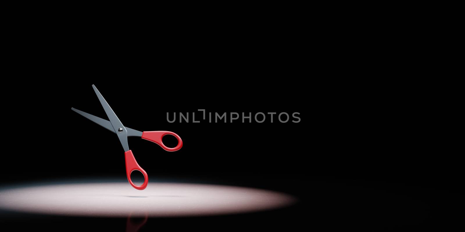 Pair of Metal Scissors with Red Hilt Spotlighted on Black Background with Copy Space 3D Illustration