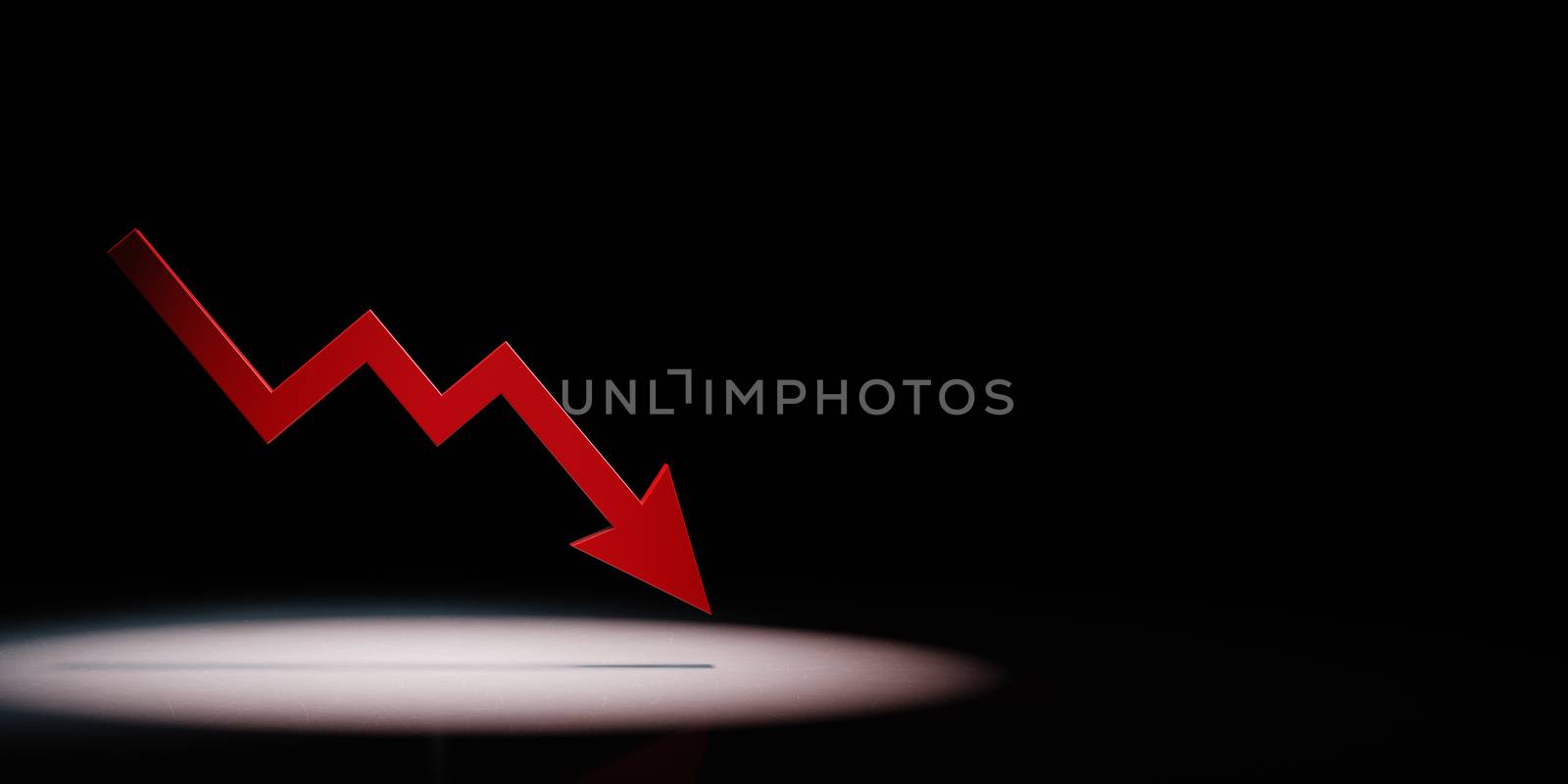 Falling Red Arrow Chart Spotlighted on Black Background with Copy Space 3D Illustration