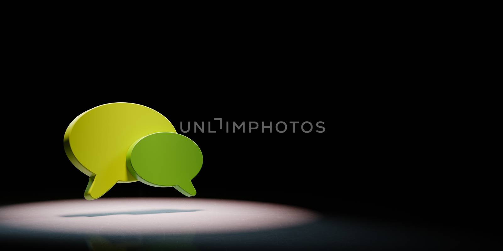 Two Green Speech Bubble Shapes Spotlighted on Black Background with Copy Space 3D Illustration