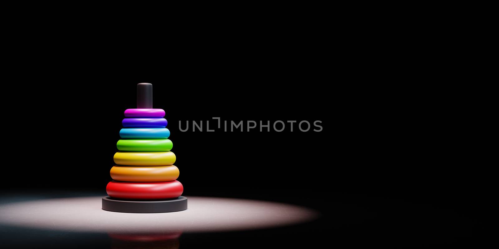 Stack of Colorful Plastic Disks in Ascending Order Spotlighted on Black Background with Copy Space 3D Illustration