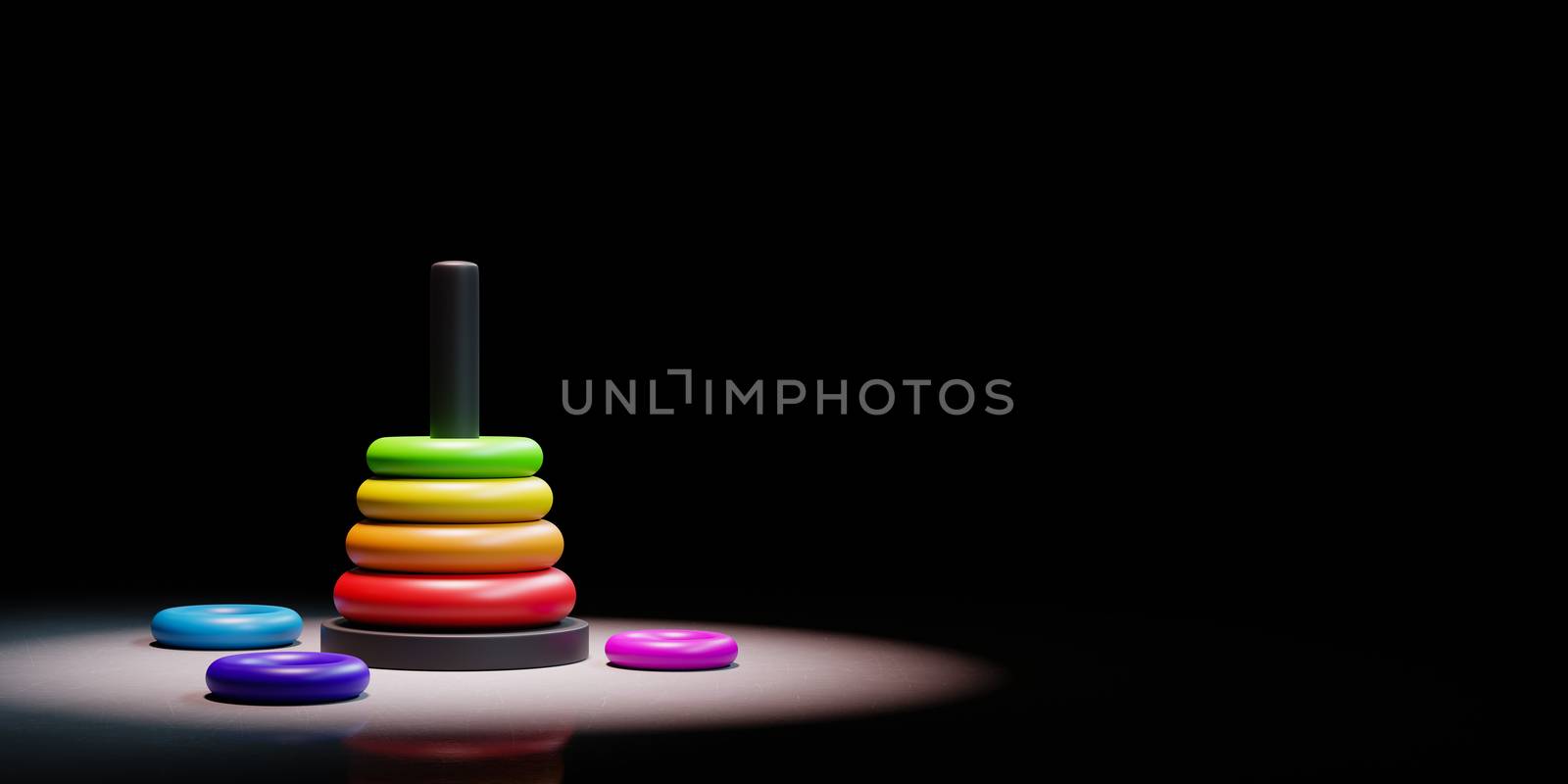 Stack of Colorful Plastic Disks in Ascending Order Spotlighted on Black Background with Copy Space 3D Illustration