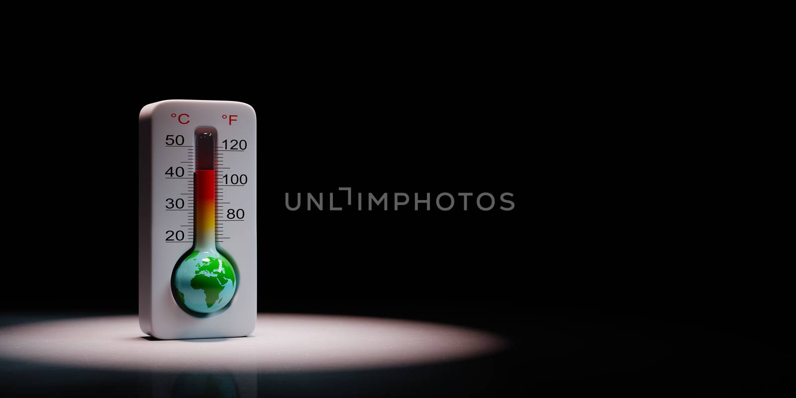 Earth in the Shape of a Thermometer Spotlighted on Black Background with Copy Space 3D Illustration, Global Warming Concept
