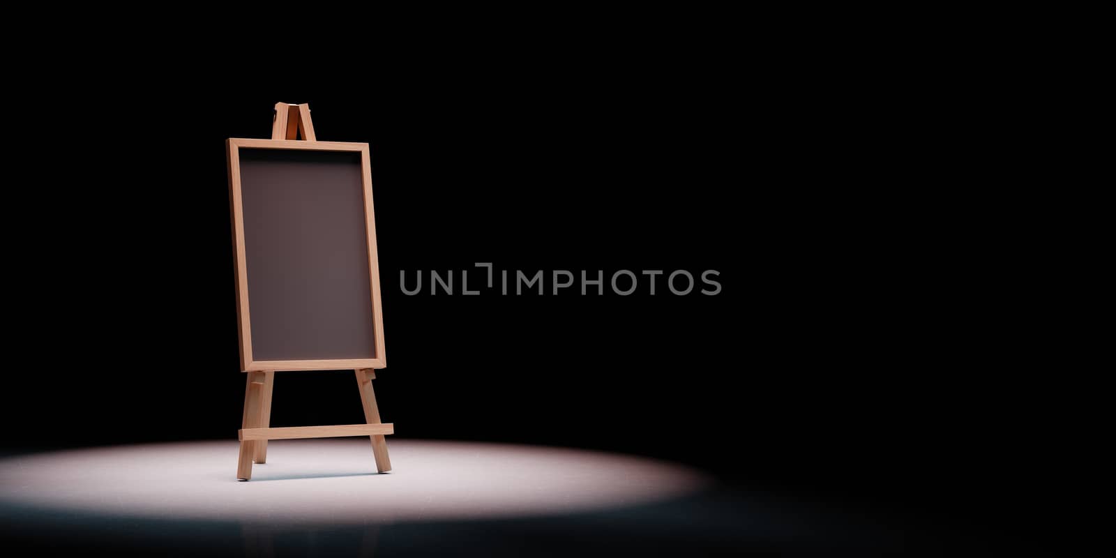 Blank Blackboard on Wooden Easel Spotlighted on Black Background with Copy Space 3D Illustration