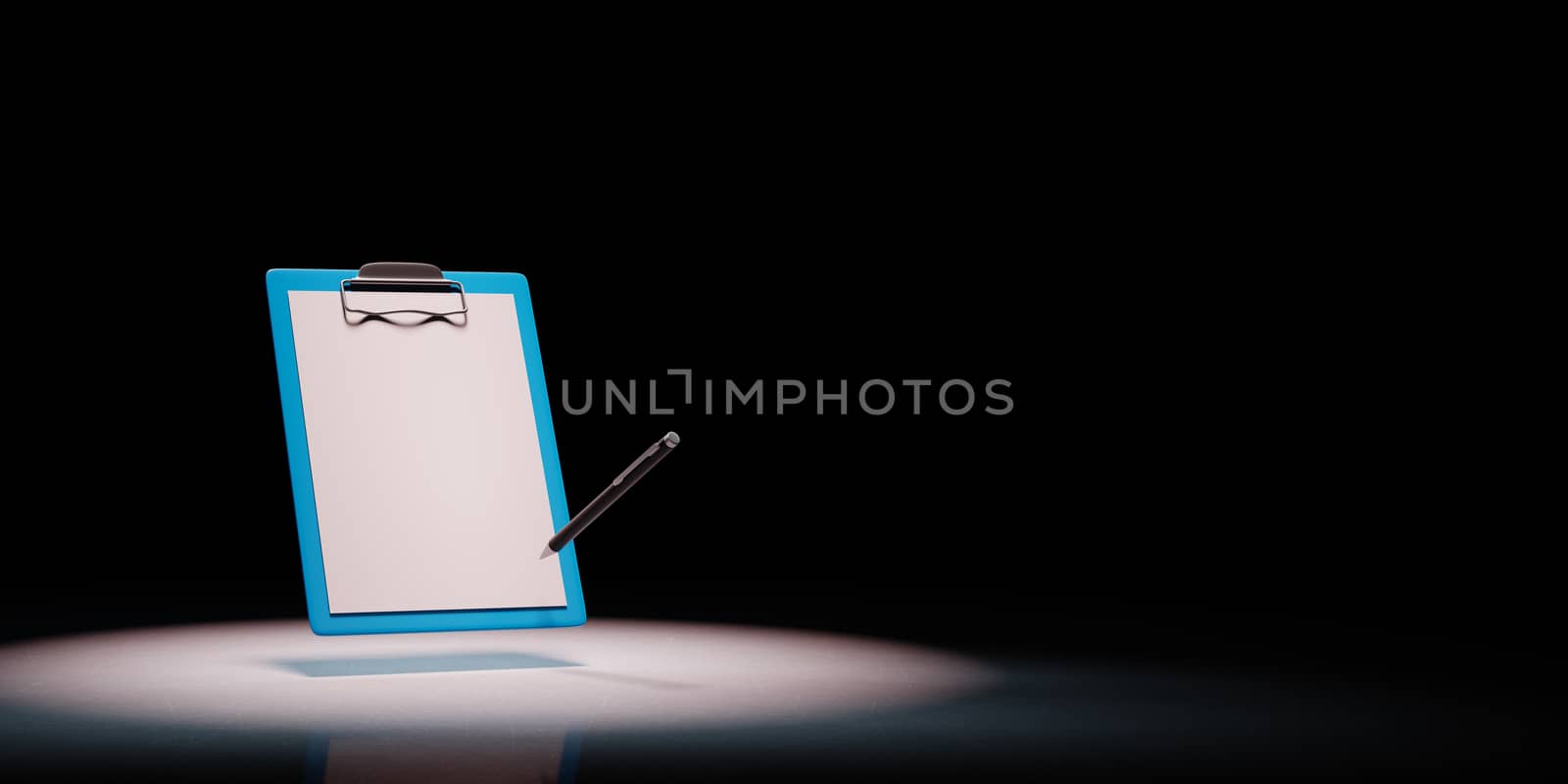 Clipboard with Blank Paper Spotlighted on Black Background by make