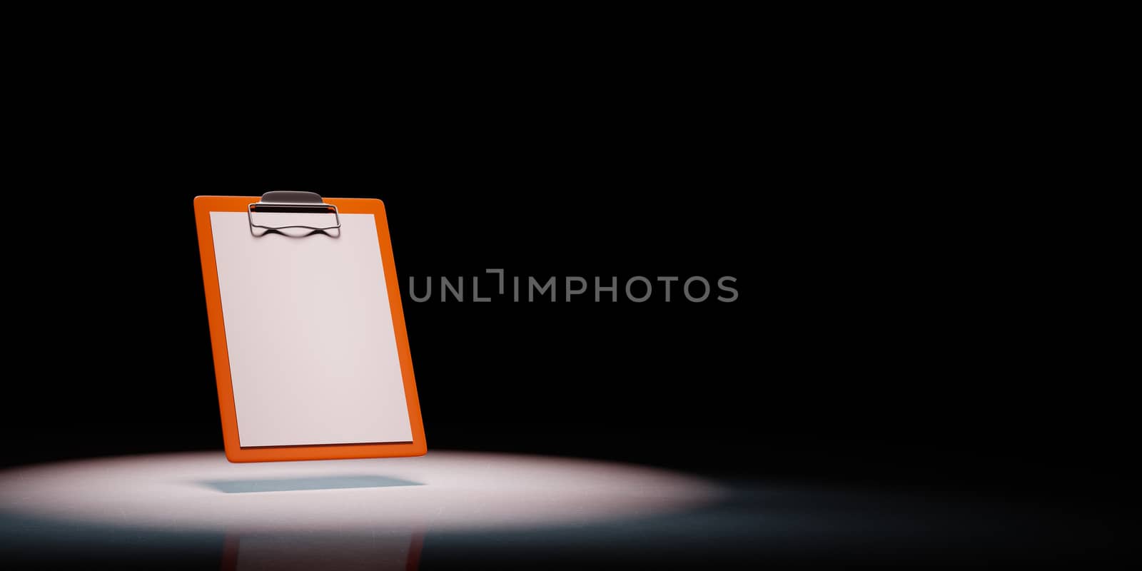 Orange Clipboard with Blank Paper Spotlighted on Black Background with Copy Space 3D Illustration