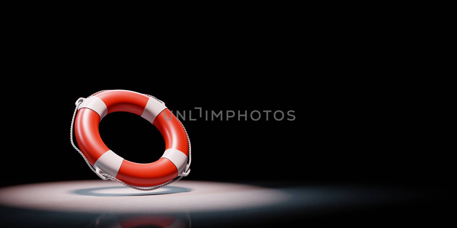 Red and White Lifebelt Spotlighted on Black Background with Copy Space 3D Illustration