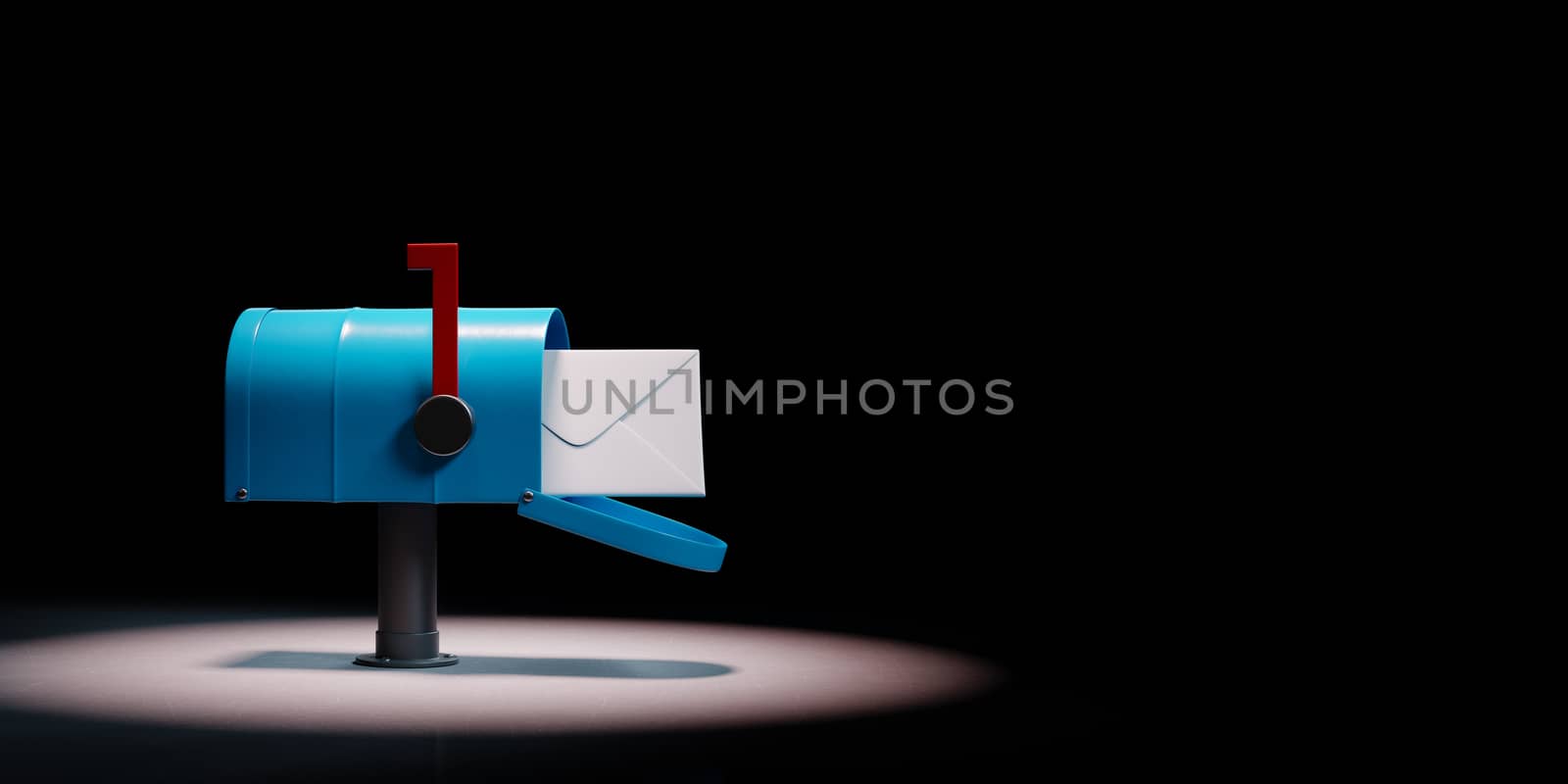 Blue Mailbox with Envelop Spotlighted on Black Background with Copy Space 3D Illustration