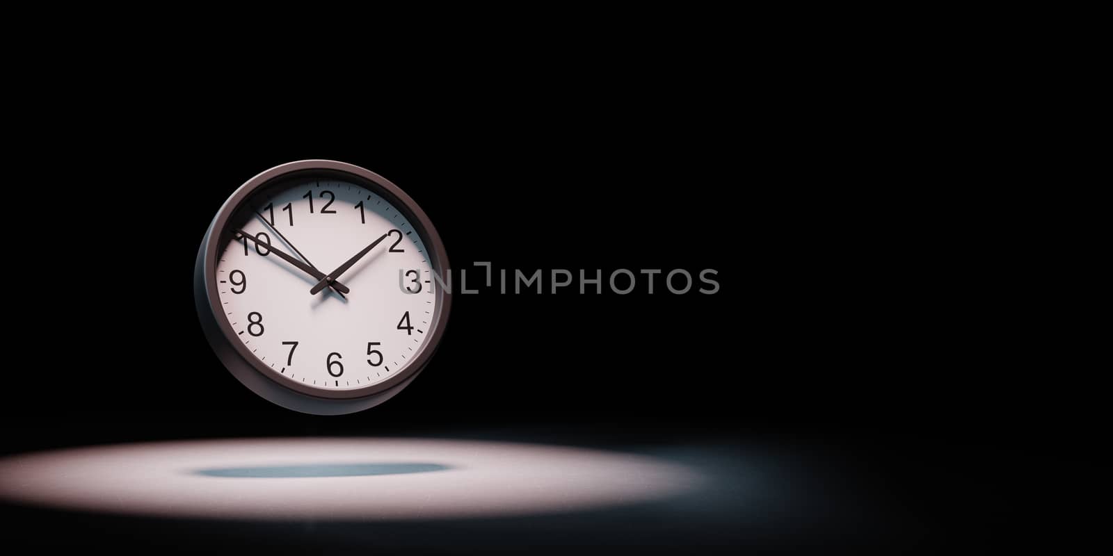 Black Analog Clock Spotlighted on Black Background with Copy Space 3D Illustration