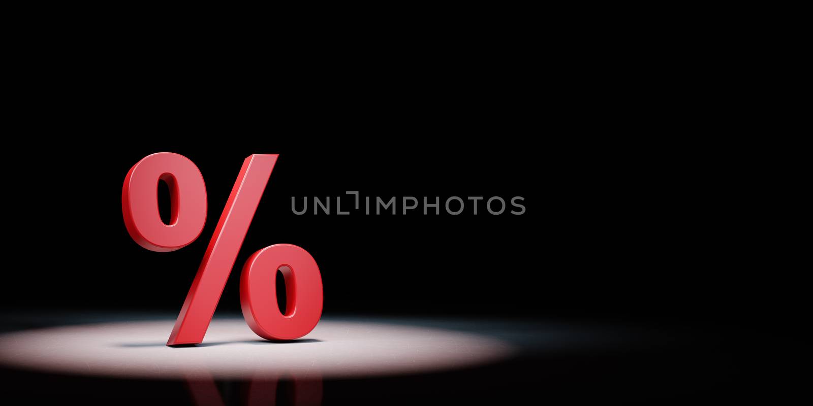 Red Percent Sign Symbol Shape Spotlighted on Black Background with Copy Space 3D Illustration