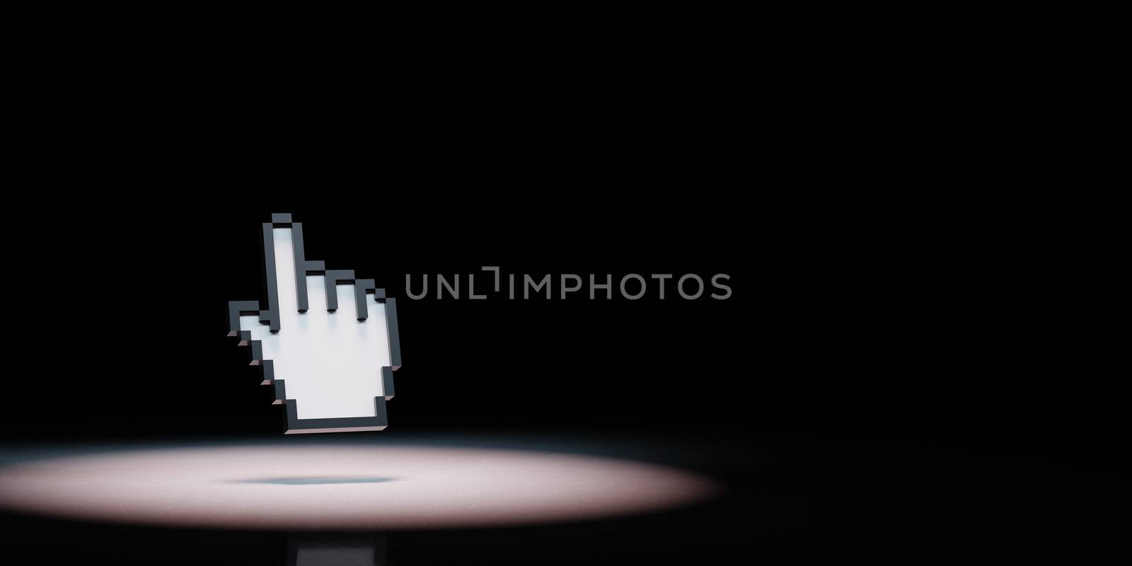 Hand Mouse Pointer Pixelated Spotlighted on Black Background with Copy Space 3D Illustration