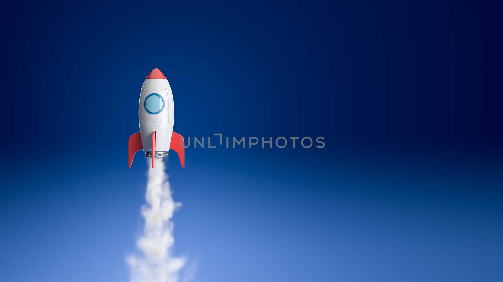 Red and White Cartoon Spaceship Flying on Blue Background with Copy Space 3D Illustration