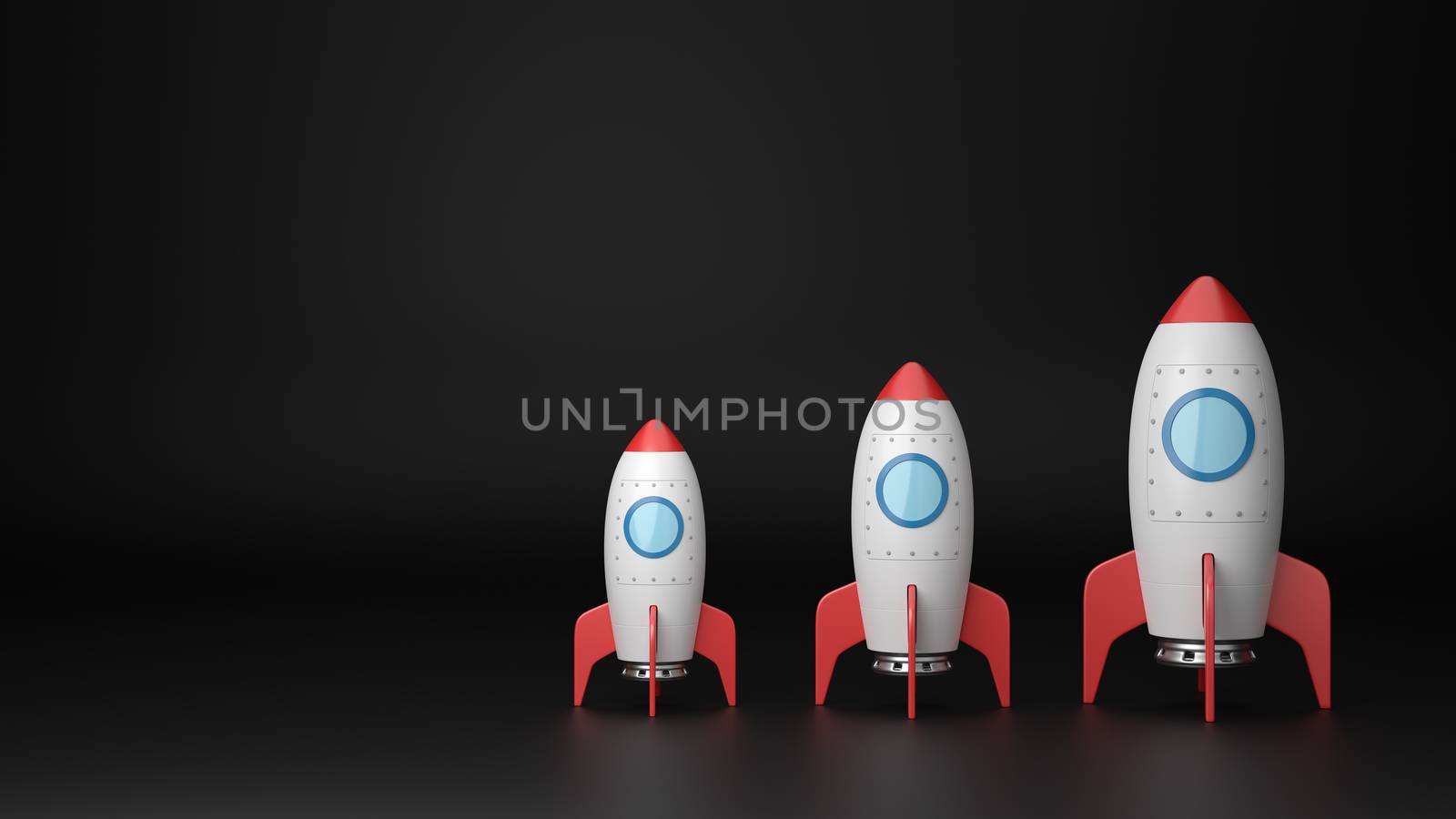 Set of Three Increasing Size Red and White Cartoon Spaceships on Dark Background with Copy Space 3D Illustration