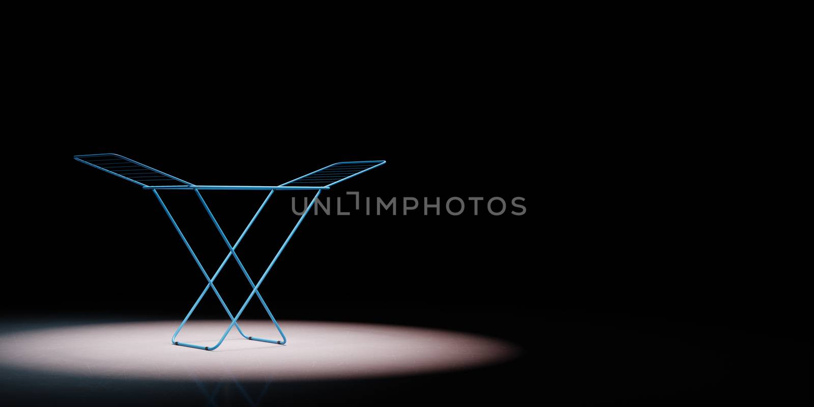 Blue Clothes Drying Rack Spotlighted on Black Background with Copy Space 3D Illustration
