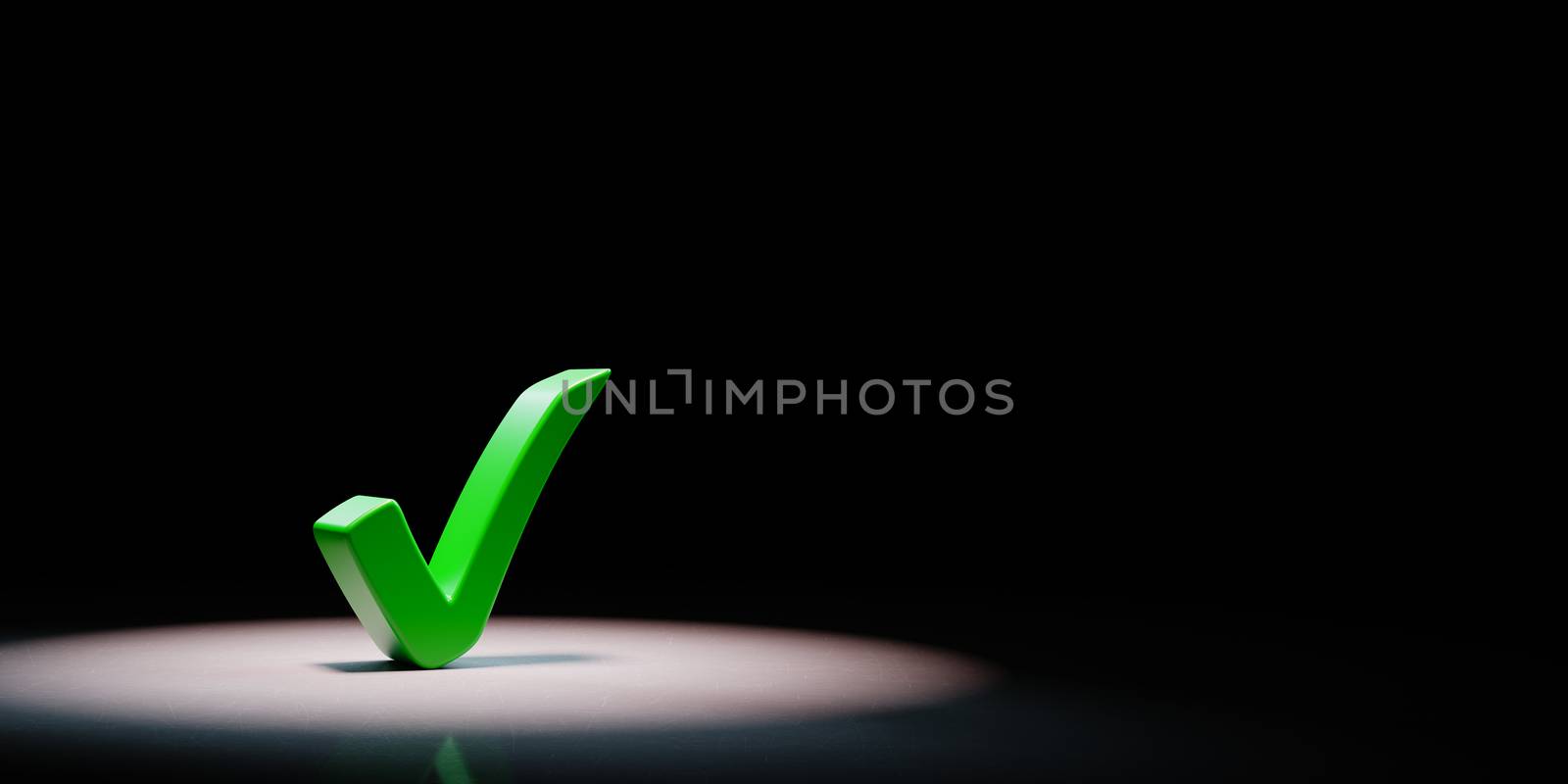 Green Tick Mark Spotlighted on Black Background with Copy Space 3D Illustration