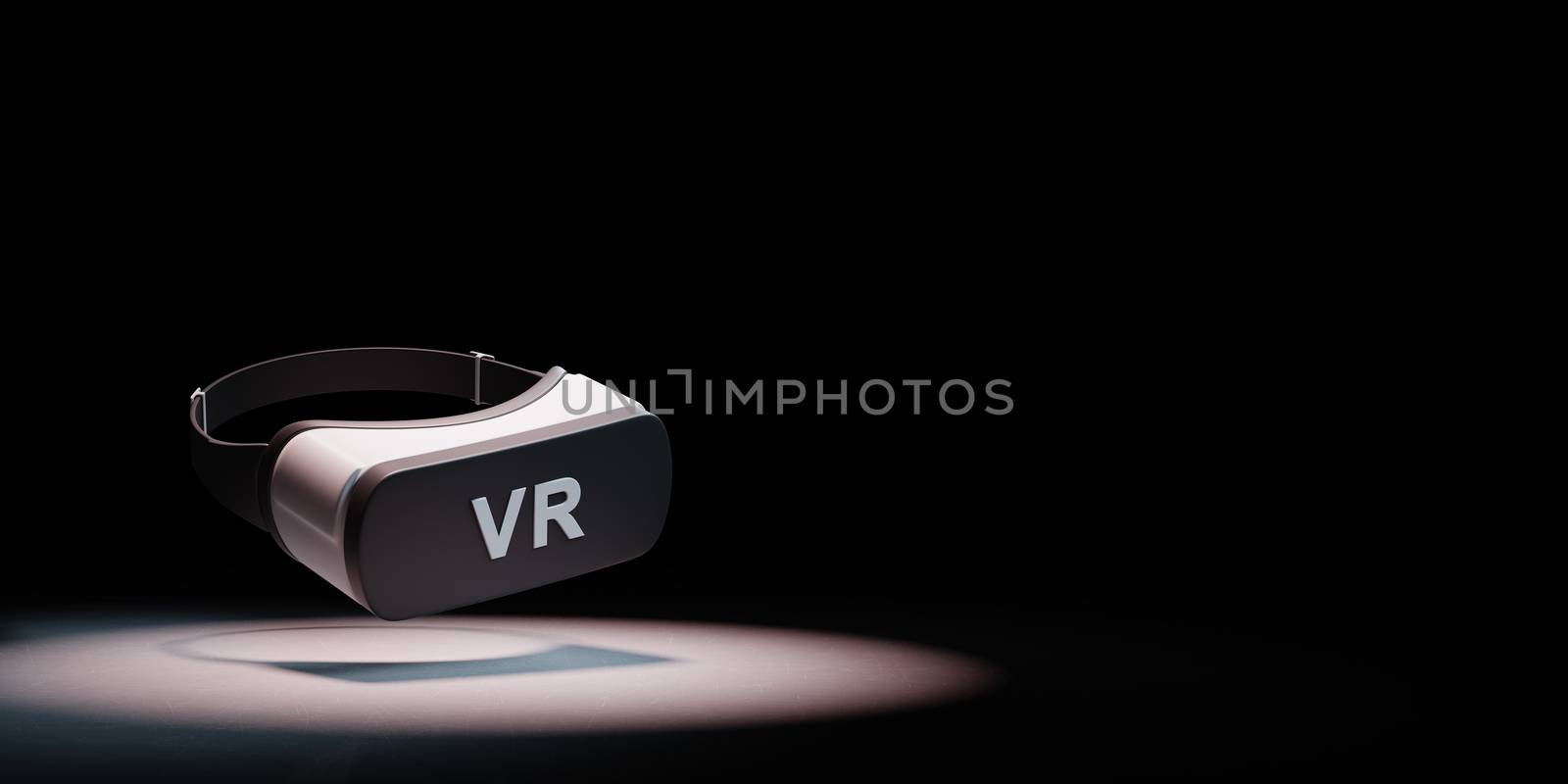 Black and White VR Virtual Reality Headset Spotlighted on Black Background with Copy Space 3D Illustration