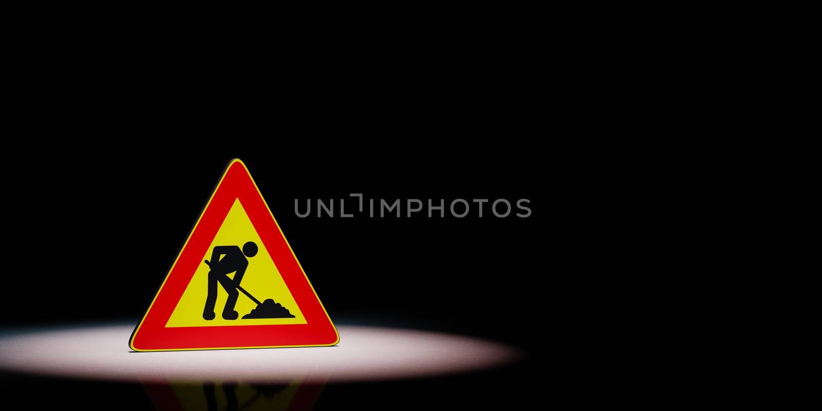 Men at Work Warning Triangle Road Sign Spotlighted on Black Background with Copy Space 3D Illustration