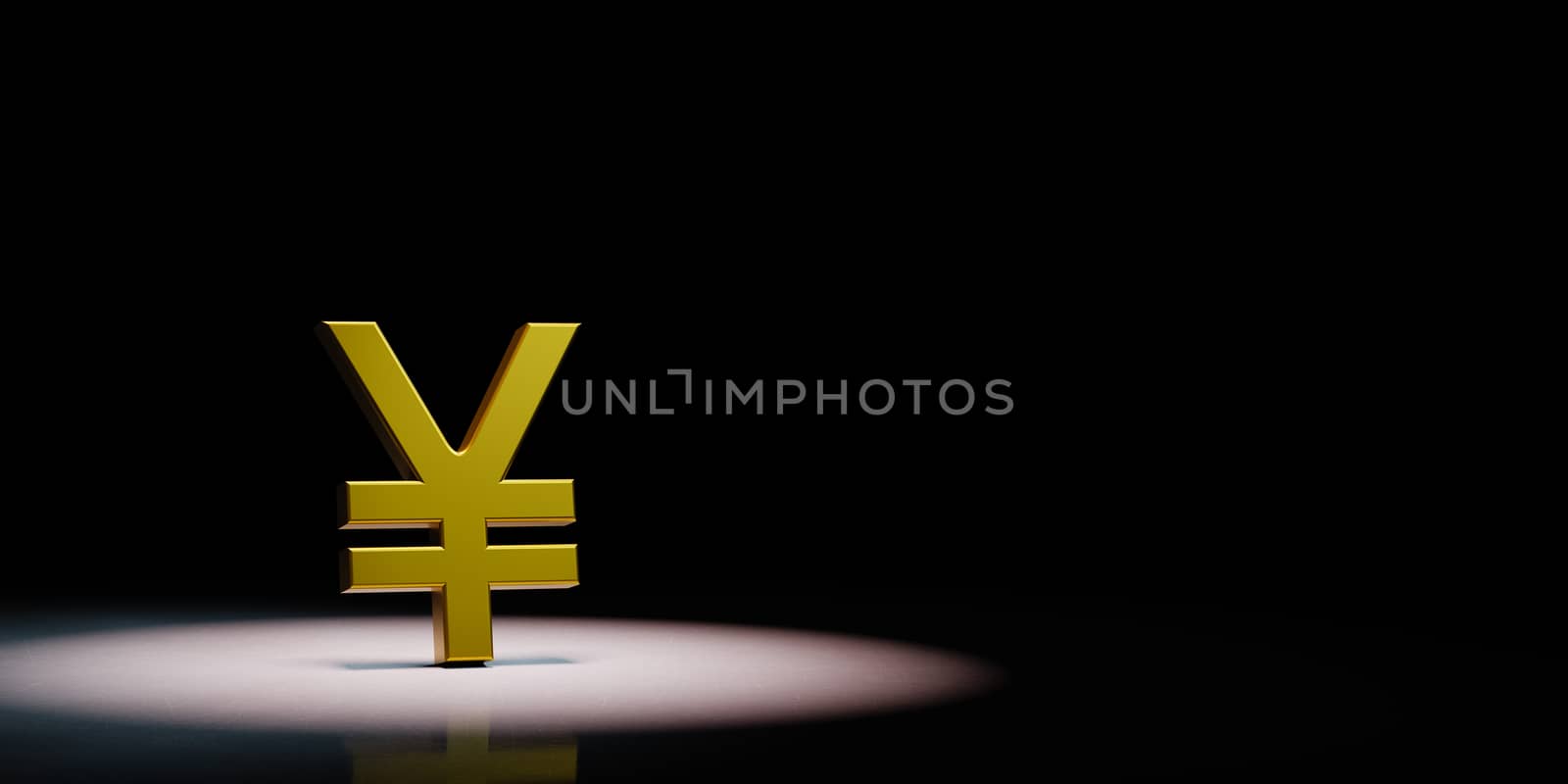 Golden Yuan or Yen Currency Symbol Shape Spotlighted on Black Background with Copy Space 3D Illustration