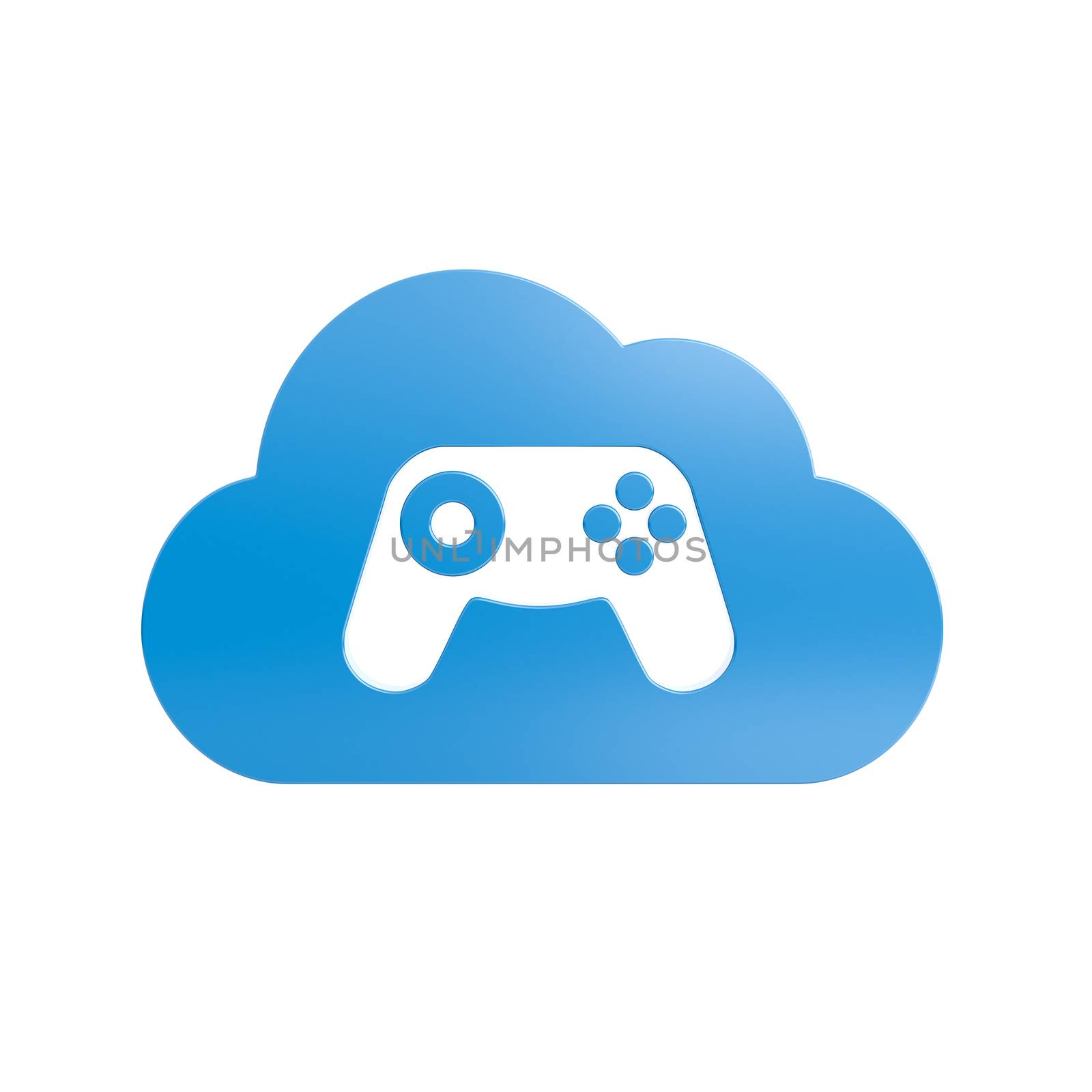 Blue 3D Cloud Symbol Shape with Gamepad Controller Inside Isolated on White Background 3D Illustration, Cloud Gaming Concept