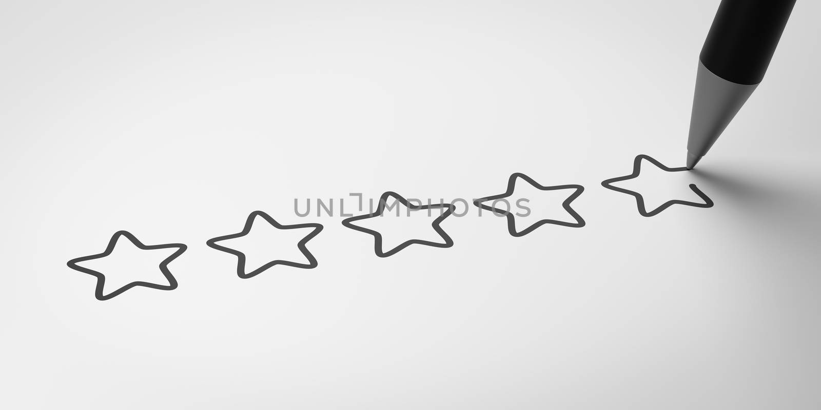 Black Pencil Writing Five Stars on White 3D Illustration, Satisfaction Concept