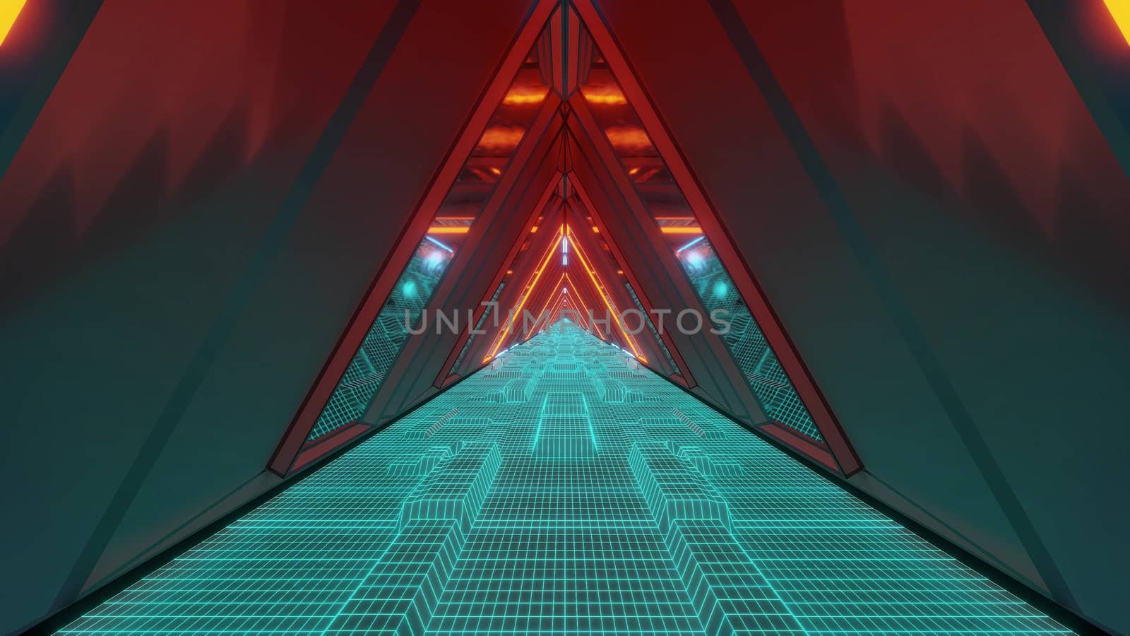 technical scifi space warship tunnel corridor with glowing wireframe bottom an glass windows 3d illustration wallpaper background graphic design by tunnelmotions