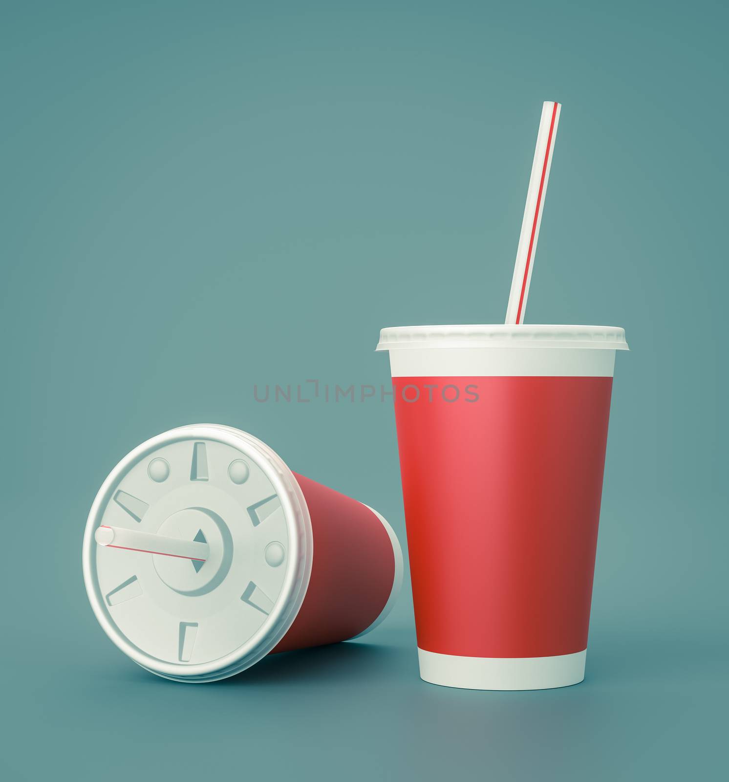 Red Fast Food Drinking Cups with Straw on Blue Background 3D Illustration