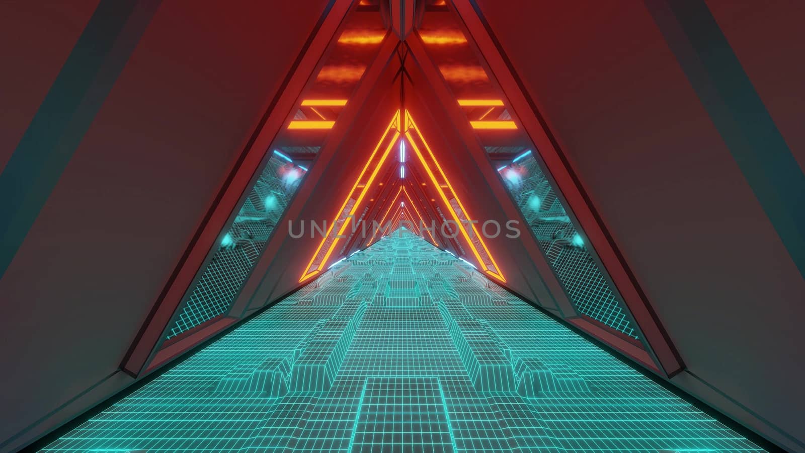 technical scifi space warship tunnel corridor with glowing wireframe bottom an glass windows 3d illustration wallpaper background graphic design, futuristic sci-fi hangar 3d rendering design