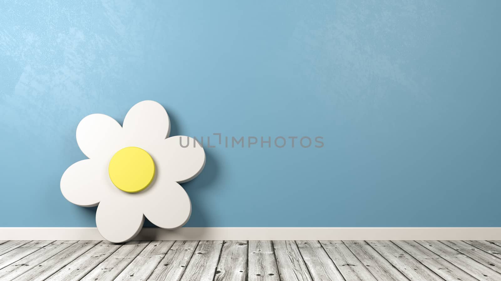 White Daisy Flower 3D Shape on Wooden Floor Against Blue Wall with Copy Space 3D Illustration