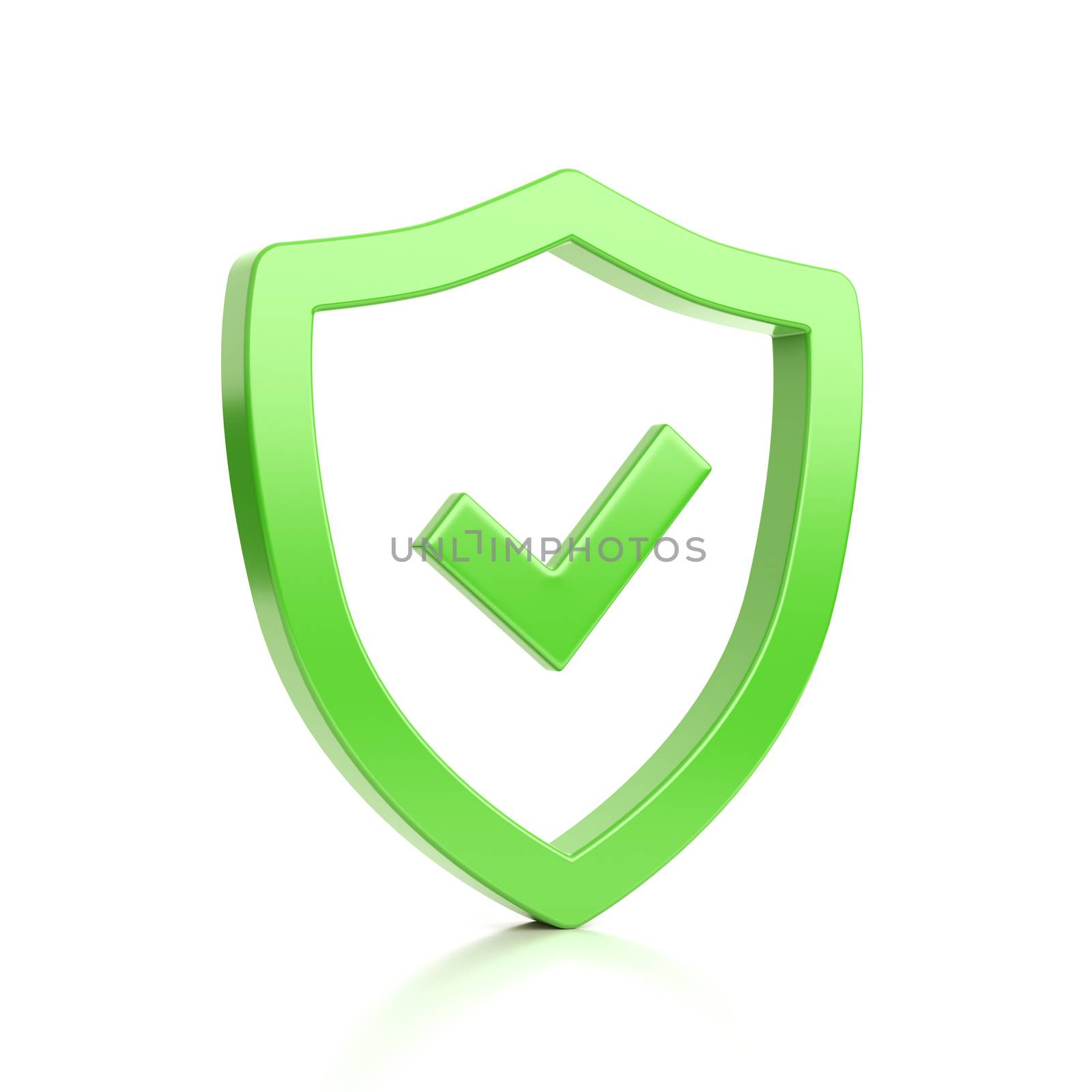 Green Outline Shield Shape with Tick Symbol on White Background 3D Illustration