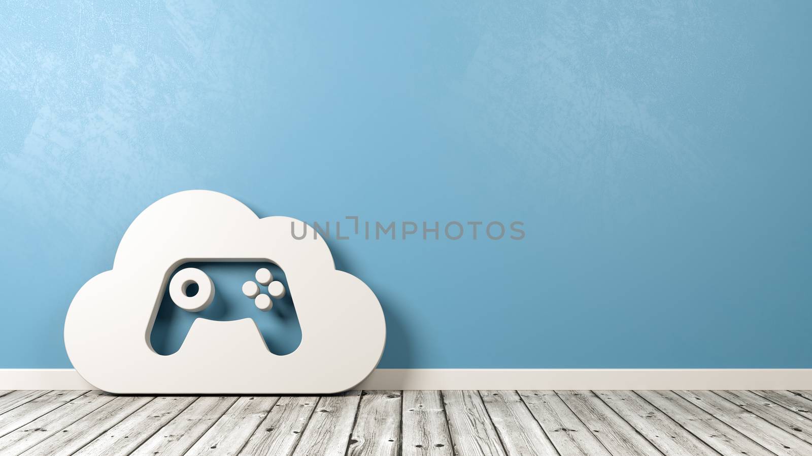 White 3D Cloud Gaming Symbol Shape on Wooden Floor Against Blue Wall with Copy Space 3D Illustration