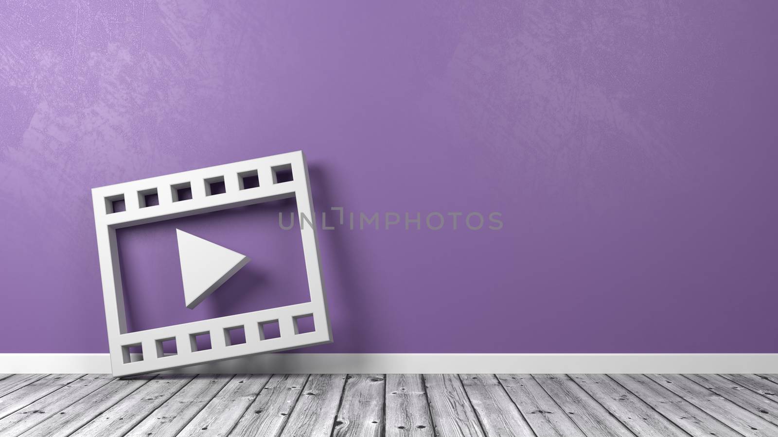 White Film Movie Play 3D Symbol Shape on Wooden Floor Against Violet Wall with Copy Space 3D Illustration