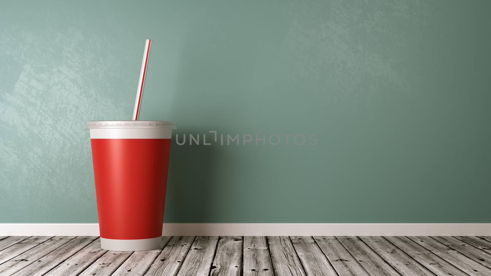 One Single Red Fast Food Drinking Cup with Straw on Wooden Floor Against Blue Wall with Copy Space 3D Illustration