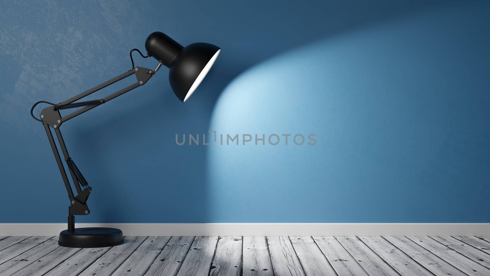 Black Desk Lamp on Wooden Floor Illuminating an Empty Blue Plastered Wall with Copy Space 3D Illustration