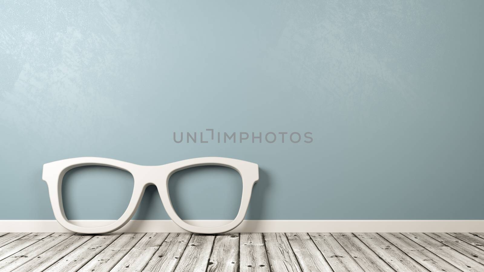 White Glasses Frame 3D Shape on Wooden Floor Against Blue Wall with Copy Space 3D Illustration