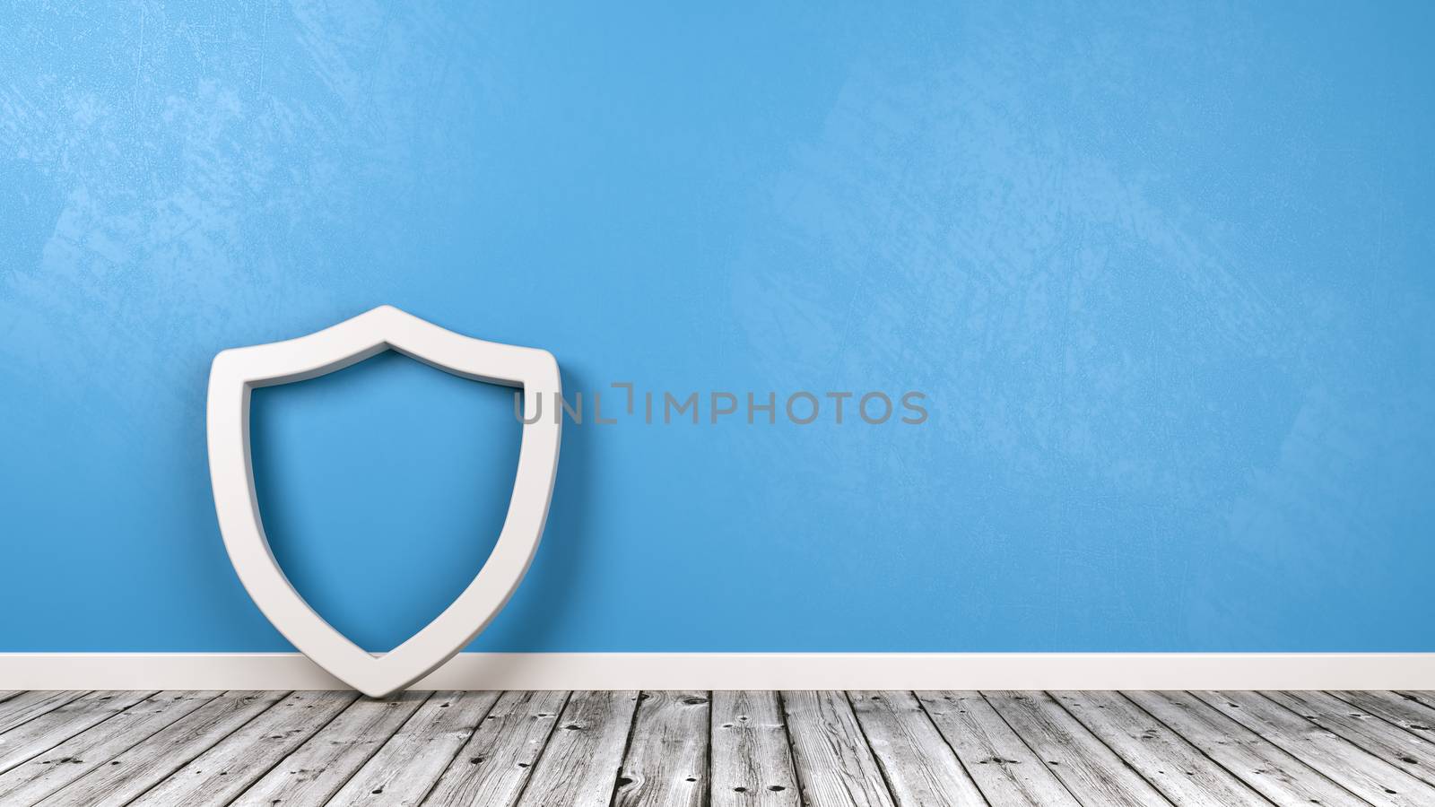 White Shield 3D Symbol Shape on Wooden Floor Against Blue Wall with Copy Space 3D Illustration