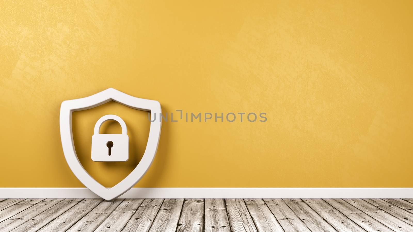 White Shield 3D Symbol Shape with Padlock on Wooden Floor Against Yellow Wall with Copy Space 3D Illustration