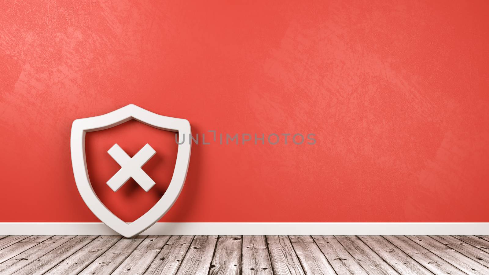 White Shield 3D Symbol Shape with Cross on Wooden Floor Against Red Wall with Copy Space 3D Illustration