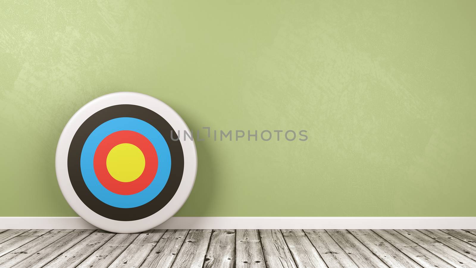 Colorful Arrow Target on Wooden Floor Against Green Wall with Copy Space 3D Illustration