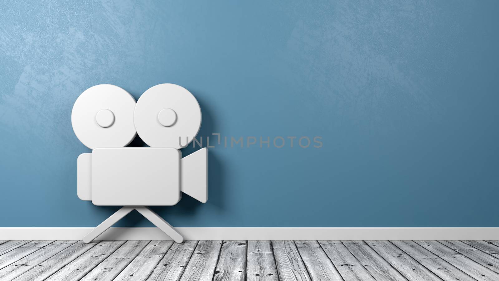 White Old Video Camera 3D Symbol Shape on Wooden Floor Against Blue Wall with Copy Space 3D Illustration