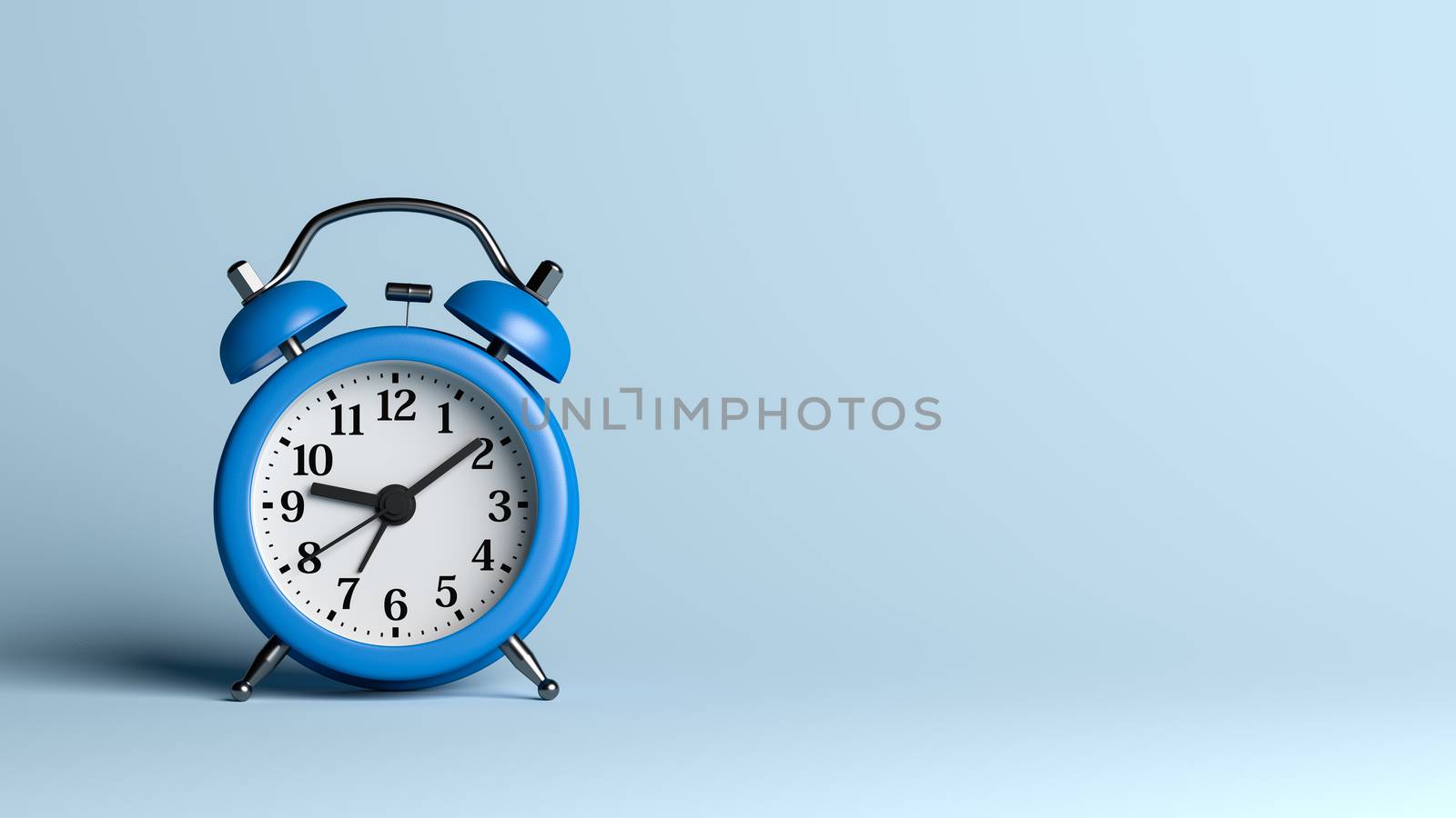 Blue Alarm Clock on Blue Empty Background 3D Illustration