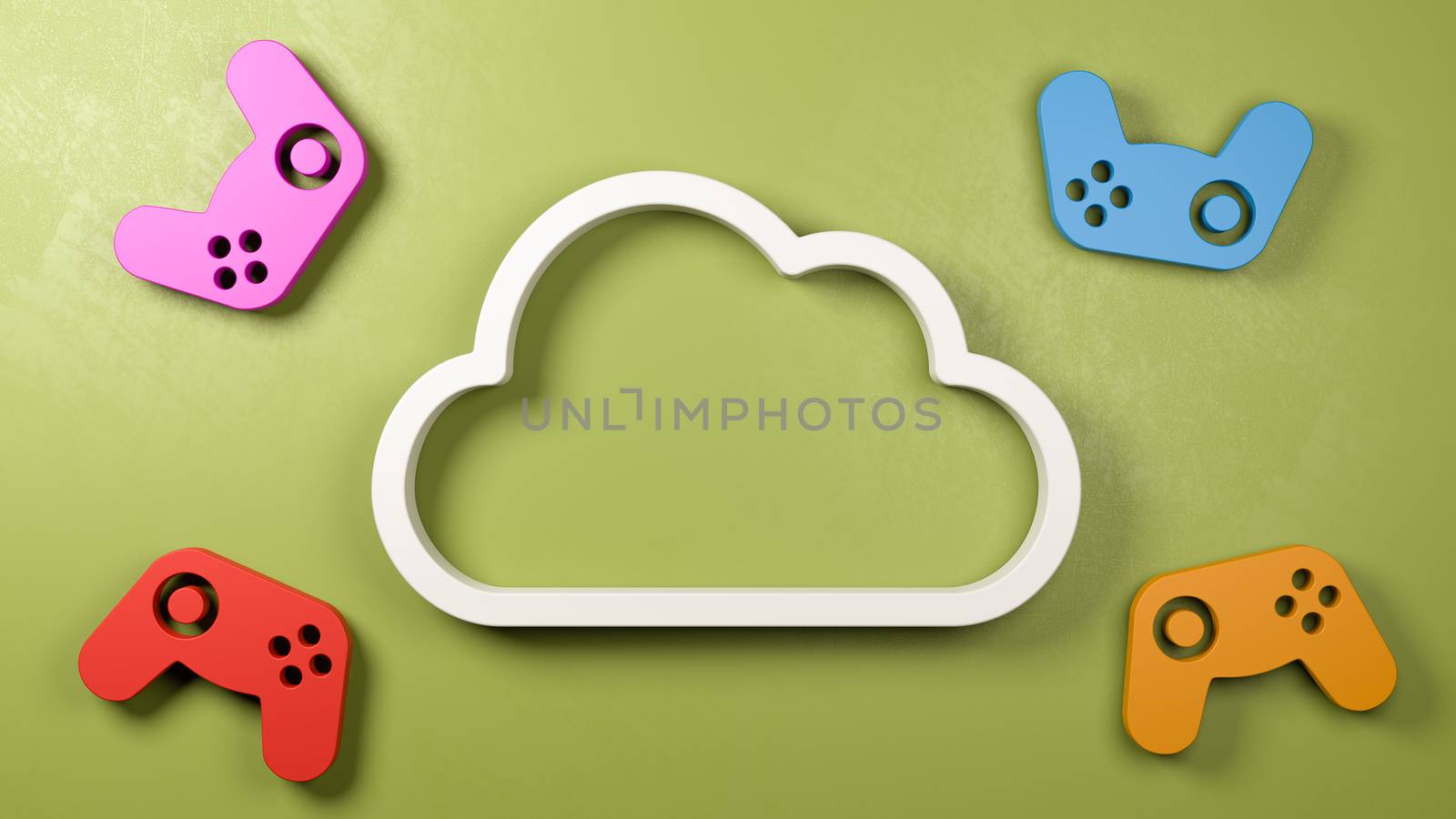 White 3D Cloud Symbol Shape with Colorful Gamepad Controllers Outside on a Green Wall 3D Illustration, Cloud Gaming Concept