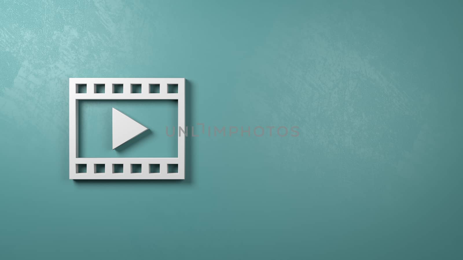 White Film Movie Play 3D Symbol Shape on a Blue Wall with Copy Space 3D Illustration