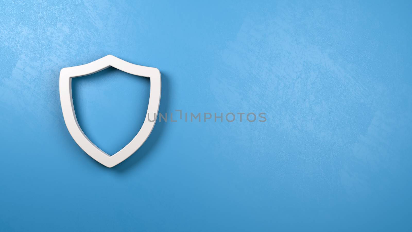 White Shield 3D Symbol Shape on a Blue Plastered Wall with Copy Space 3D Illustration