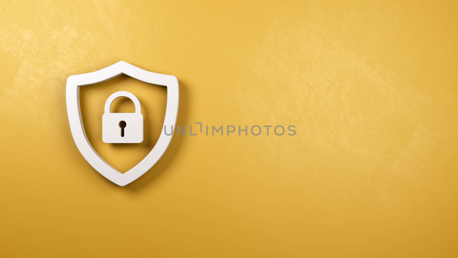 White Shield 3D Symbol Shape with Padlock on a Yellow Plastered Wall with Copy Space 3D Illustration