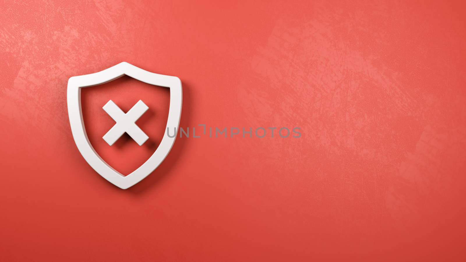 White Shield 3D Symbol Shape with Cross on a Red Plastered Wall with Copy Space 3D Illustration