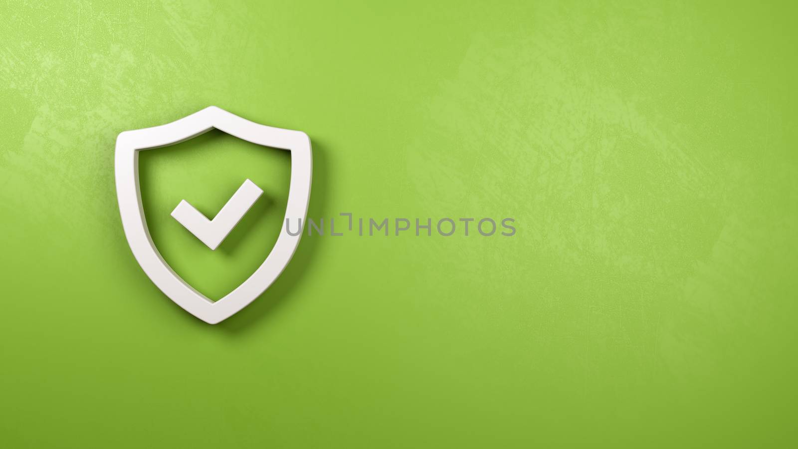 White Shield 3D Symbol Shape with Tick Symbol on a Green Plastered Wall with Copy Space 3D Illustration